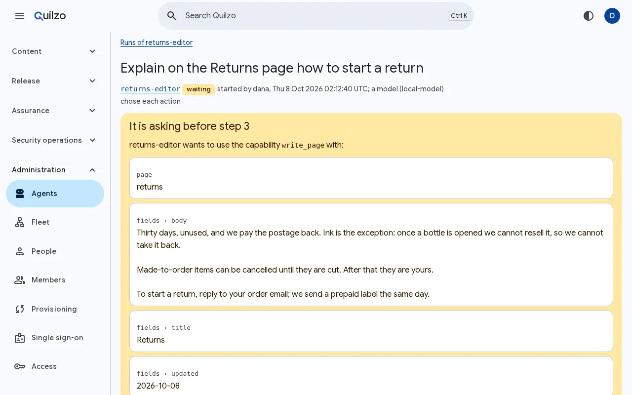 Quilzo holding an agent before it changes the Returns page: the exact change it wants to make, what it read, and buttons to let it go ahead or decline