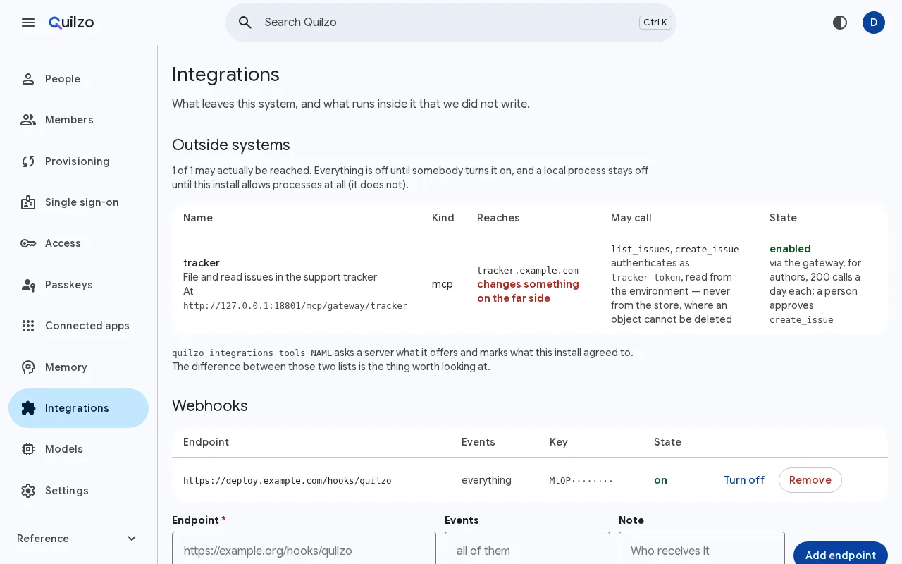 Integrations: the outside systems agents may reach, what each may read and send, and webhooks